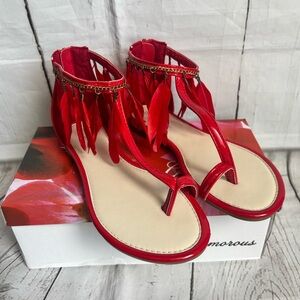 NIB GLAMOROUS Red Feather Gladiator Sandals Boho Festival 6